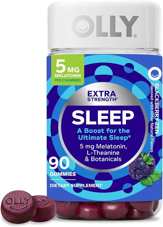 OLLY Extra Strength Sleep Gummy, Occasional Sleep Support, 5 mg Melatonin, L-Theanine, Chamomile, Lemon Balm Extracts, Sleep Aid, BlackBerry Flavor - 90 Count (Packaging May Vary)