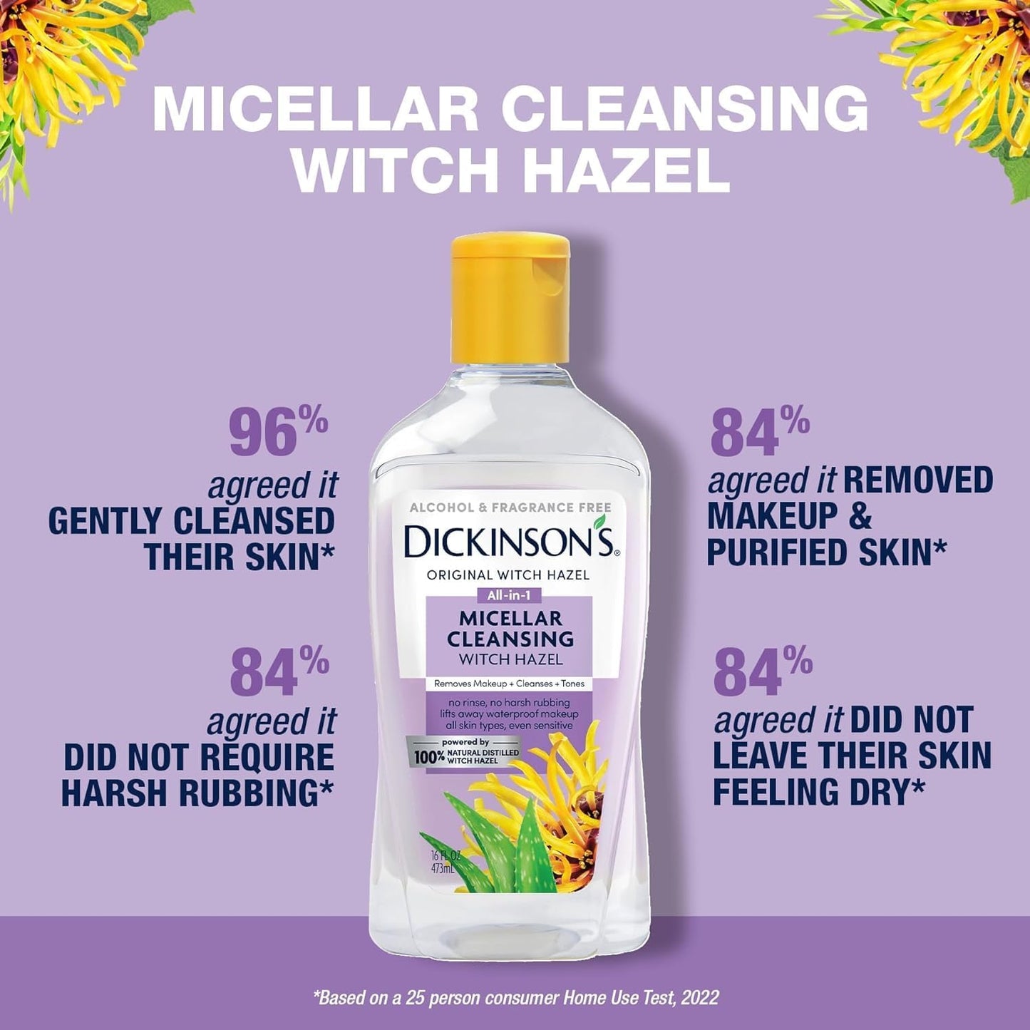 Dickinson's Micellar Cleansing Witch Hazel | 100% Natural Distilled Witch Hazel | Alcohol & Fragrance Free | Makeup Remover, Skin Cleanser, Facial Toner | Removes Dirt, Oil, Makeup | 8 Fl Oz