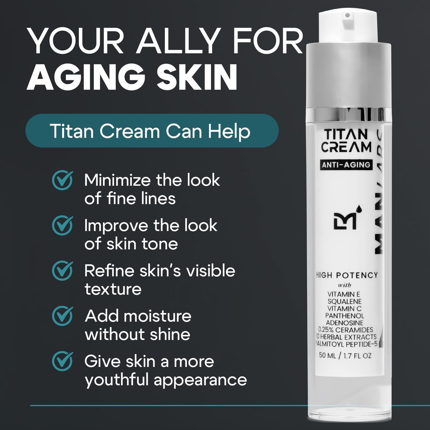 Titan Anti-Aging Mens Face Cream – Mens Face Moisturizer – For Men, Face Lotion – Men, Skin Care – Tighten, Tone, Revitalize – Ceramides, Vitamin C & E, Squalane – All Skin Types – Unscented