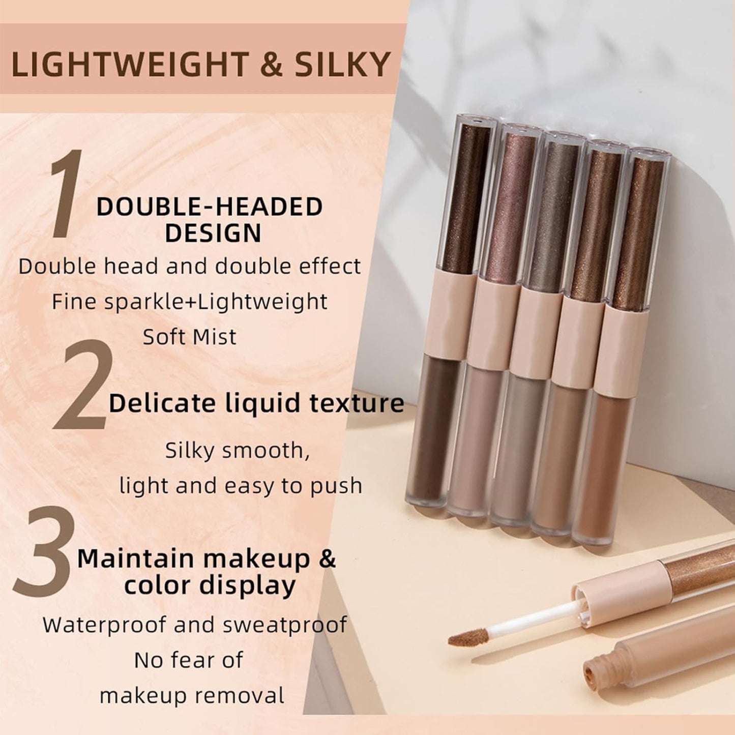 Liquid Eyeshadow Pencil, Earth Yellow Brown, 6-Color, Waterproof, Dual-End, Portable, Cruelty-Free
