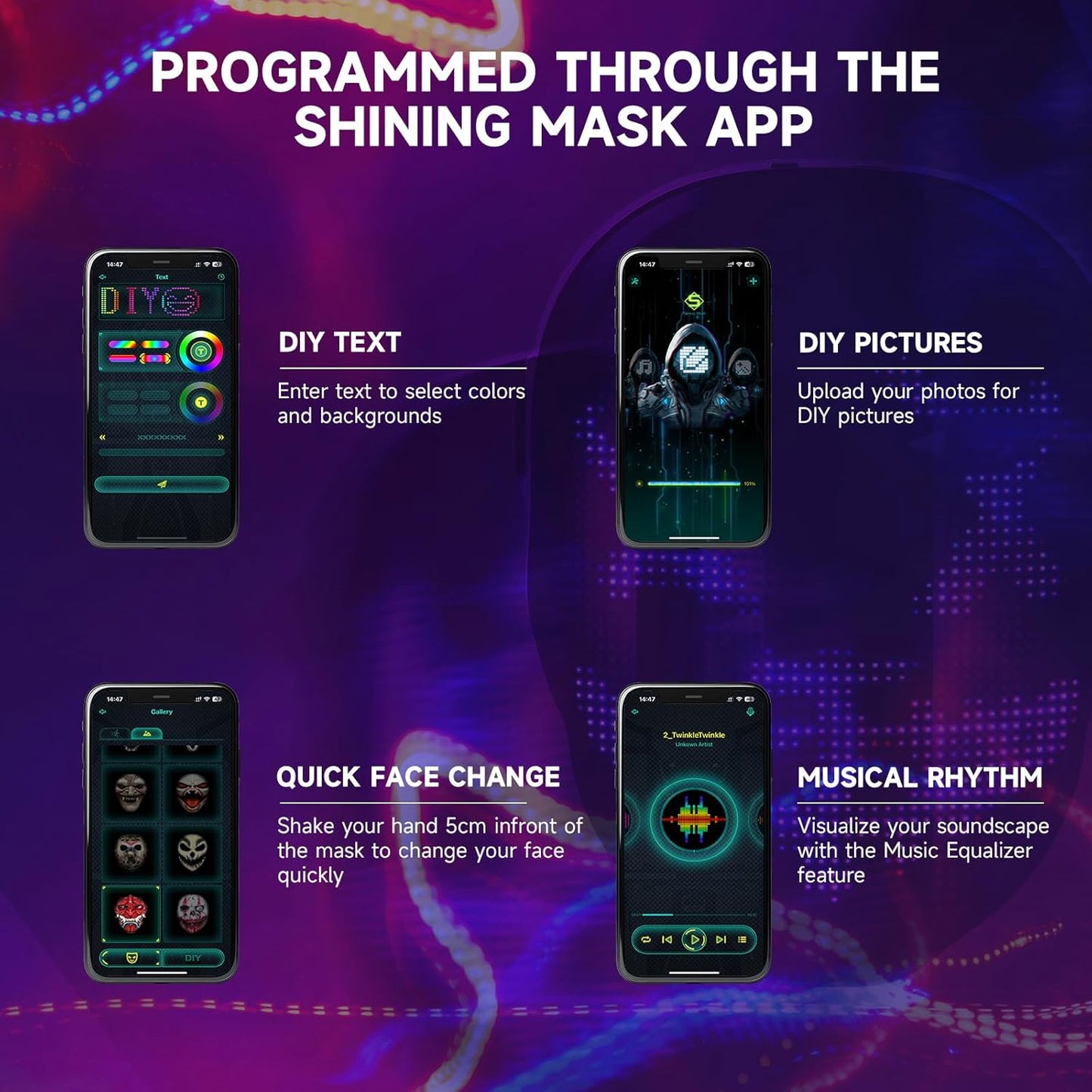 Led Mask with App Controlled,Programmable LED Halloween Mask,Digital Mask for Costume Cosplay Party Masquerade