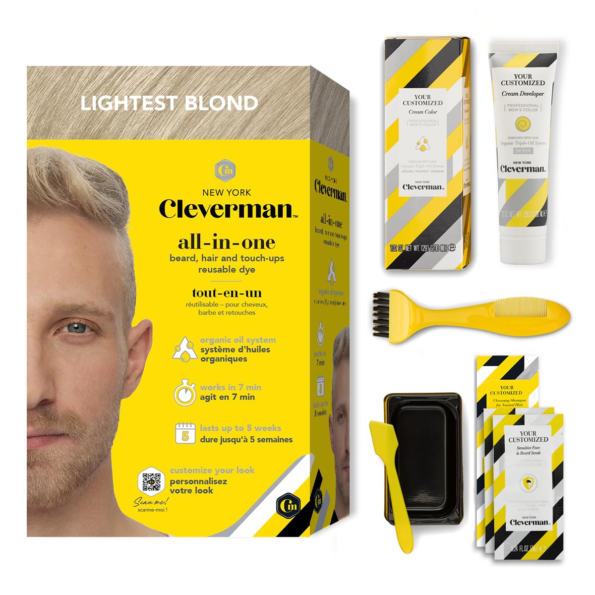 CLEVERMAN Lightest Blond Hair & Beard Dye for Men, All-in-One Reusable Kit - Men's Color For Natural-Looking Gray Coverage, Professional-Quality and Ammonia-Free