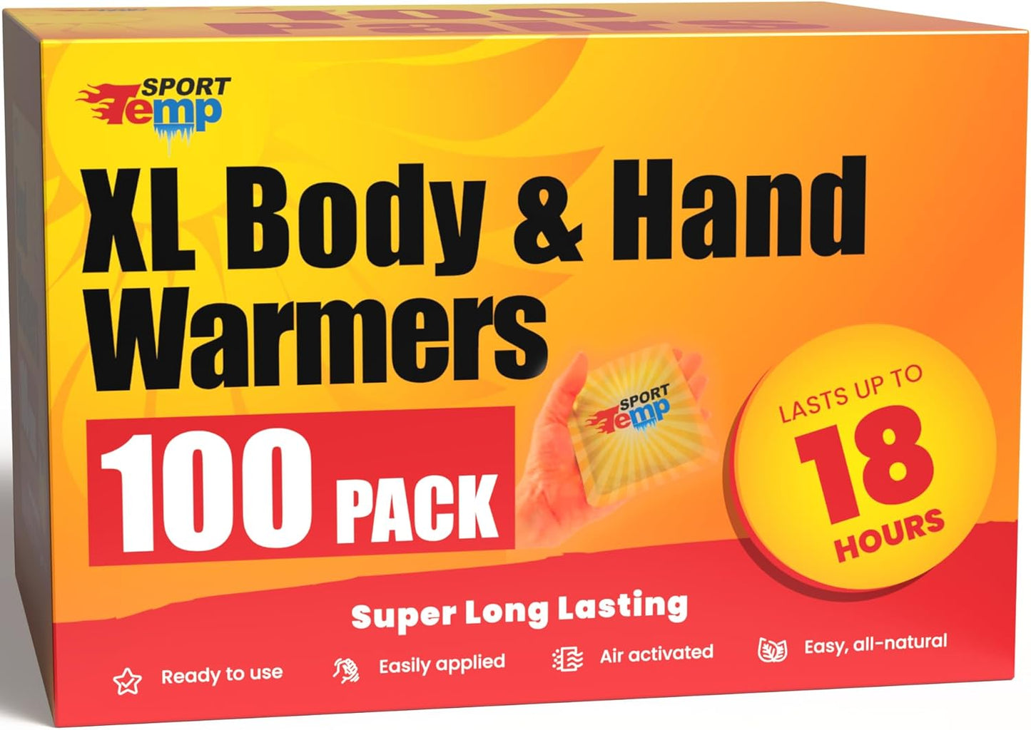 Large Hand & Body Warmers - Up to 18 Hours of Heat, Super Long Lasting - Easy, All Natural - Air Activated, for Body, Hands & Toes - Odorless Hot Hand Warmer - Sport Temp