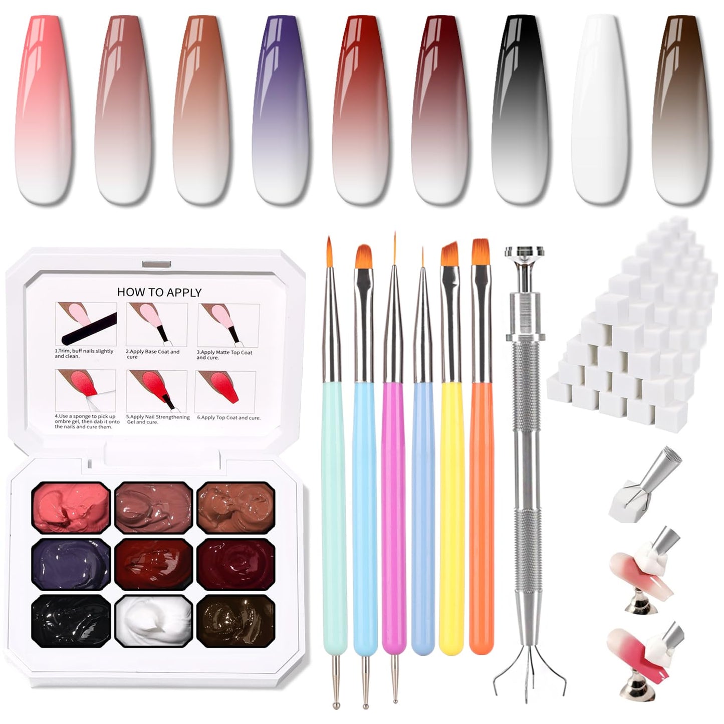 Sponge Pat Paint Nail Gel & Tools Kit, 9 Colors Ombre Nails Gradient Gel Nail Blush Blooming Aura Nails Drawing Stripper Floral Painting Nail Art, No Wipe, UV/LED Curing (9 Colors Set H)