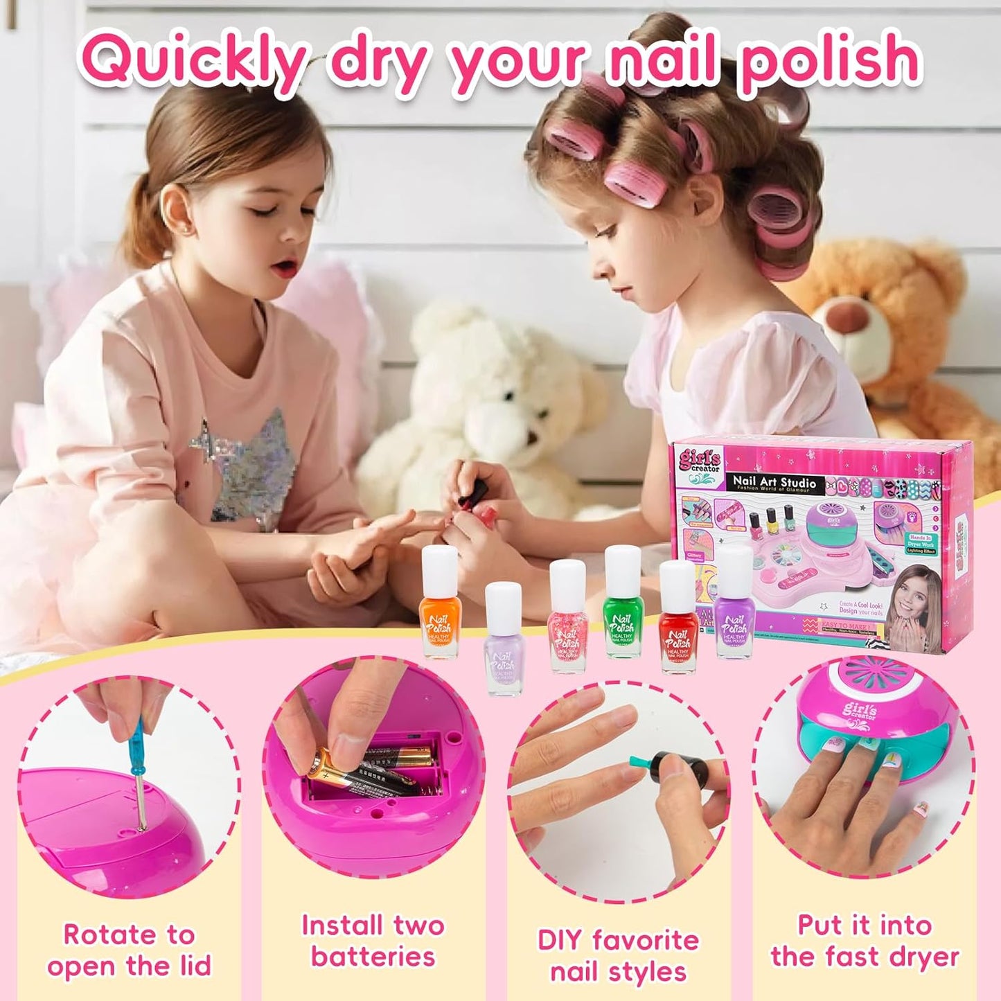 Kids Nail Polish Set for Girls, Nail Art Kit with Nail Dryer, 9 Peel Off Washable Polish, 24 Press on Fake Nails, Glitter Powder, Gifts for Girls Ages 6-12