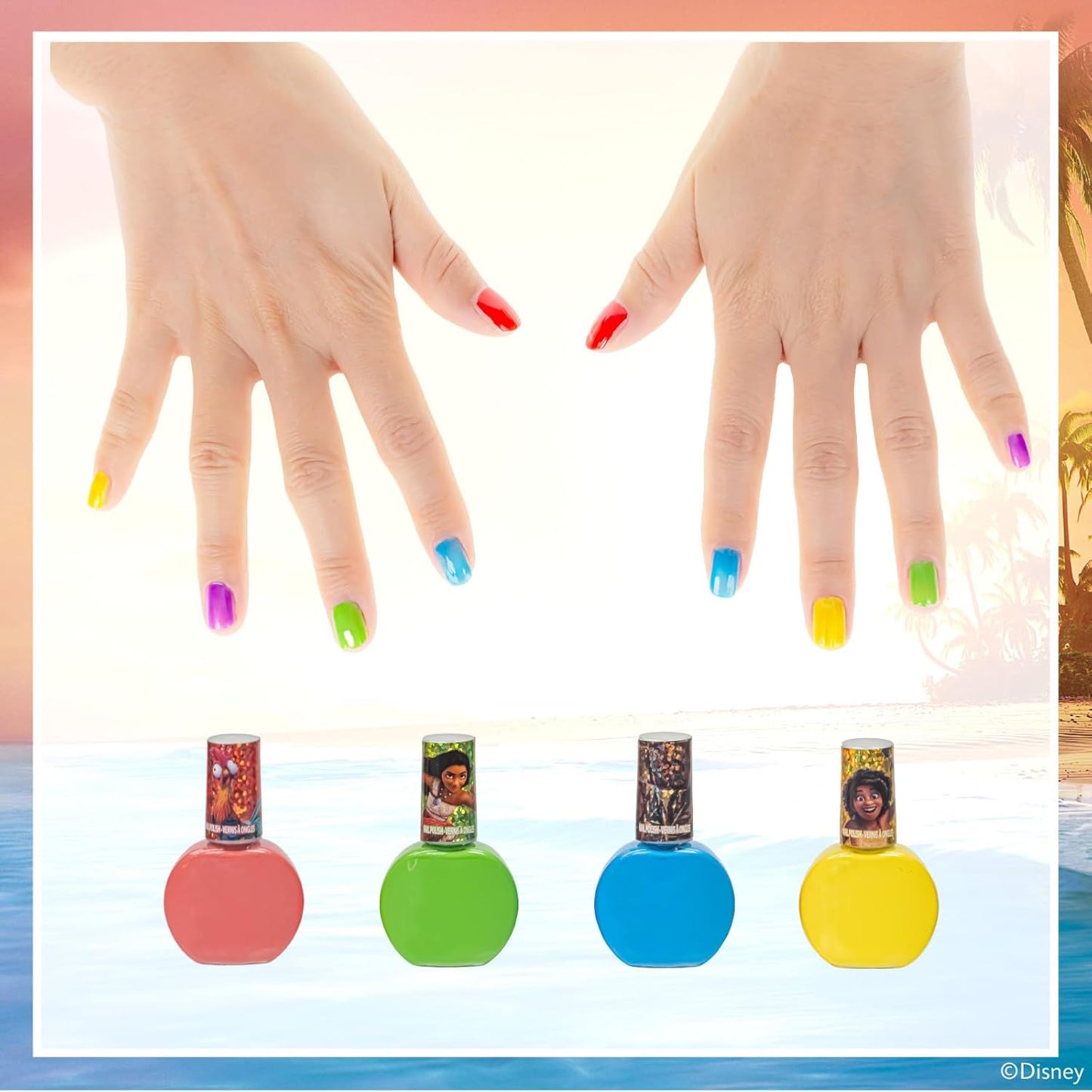 Townley Girl Moana 2 Non-Toxic Water-Based Peel Off Nail Polish Set with Glittery Shimmery Opaque Colors for Girls Kids Ages 3+ Perfect for Parties Spa Days Makeovers 18 Pcs