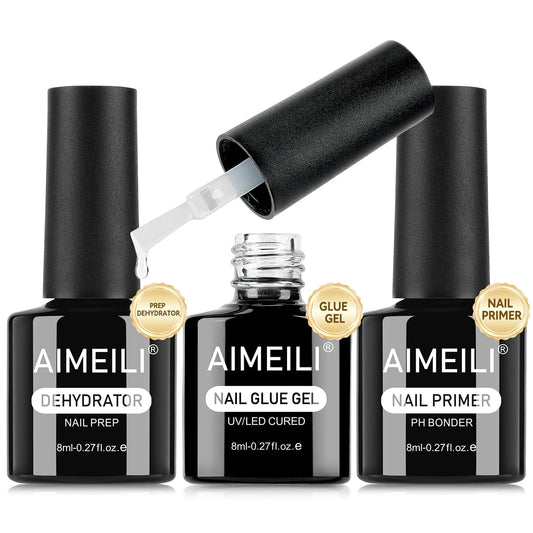 AIMEILI 3Pcs Gel Nail Glue Nail Dehydrator and Primer, Hema Free, Cruelty Free, Vegan, Clear High Gloss Gel Nail Polish Long Lasting Nail Art