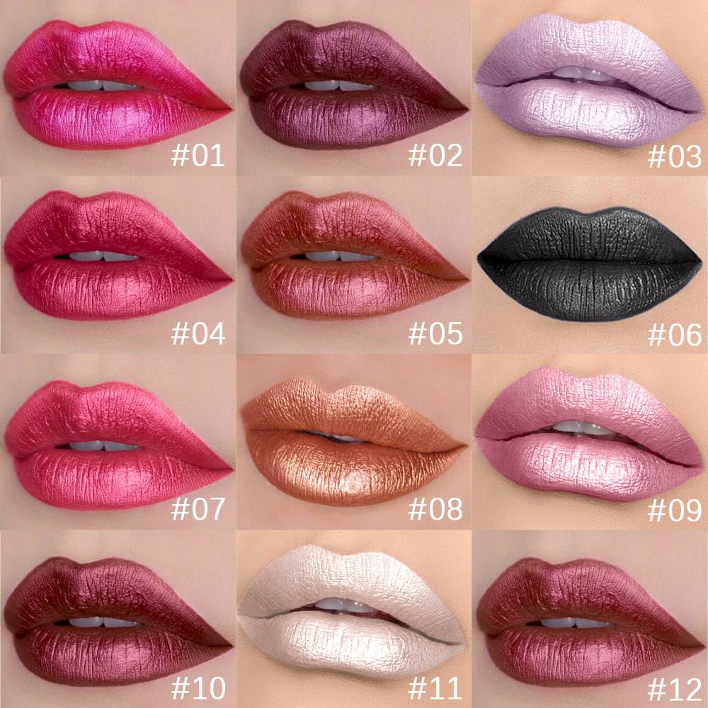 evpct 6Pcs Rose Pink Dark Wine Mauve Sexy Red Black Lilac Metallic Shimmer Glitter Lip Gloss Liquid Lipstick Set for Women Long Lasting Waterproof 24, Pearlescent Sparkly Glossy Lipsticks Lip Makeup
