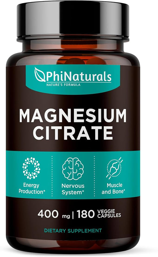 Magnesium Citrate Powder Capsules 400mg - 180 Count Veg Caps - PhiNaturals Supplements - Nervous System Support and Enzyme Function