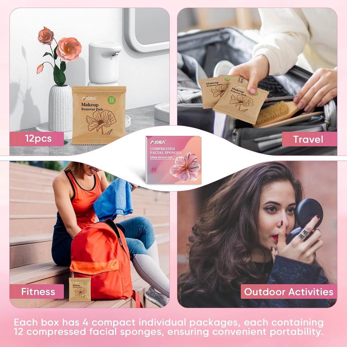 AIDEA 48Count Compressed Facial Sponges Pink, Disposable Face Sponges, 100% Natural Cellulose Cosmetic Spa Sponges for Facial Cleansing, Exfoliating, Makeup Remover Pads, Travel Essentials