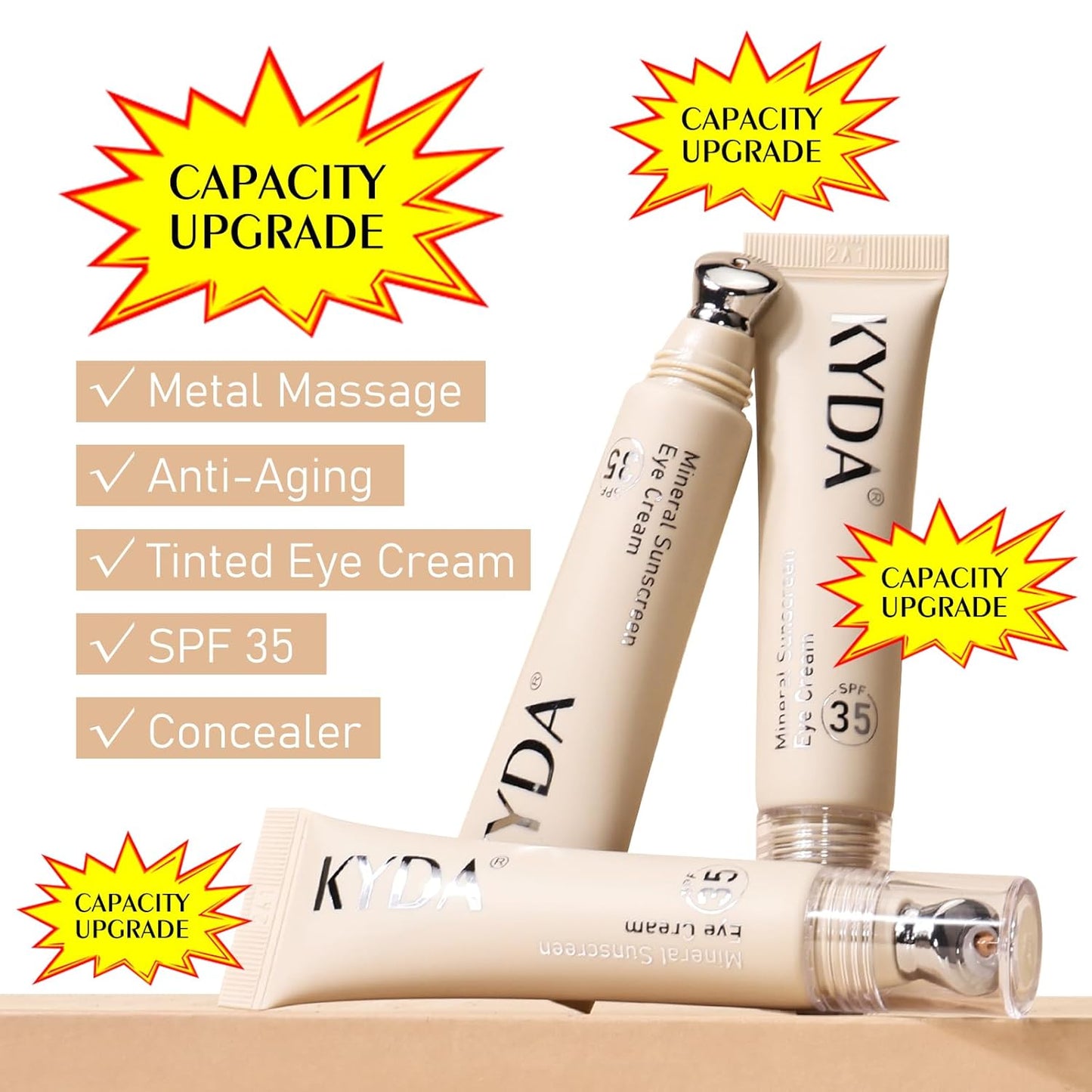 KYDA Mineral Sunscreen Eye Cream, 3-in-1 Anti-Aging Eye Cream, SPF 35, for Dark Circle and Fine Lines, Light