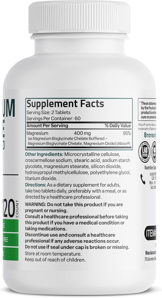 Bronson Magnesium Glycinate 400mg Extra Strength, Vegetarian, Chelated for Absorption Gentle on The Stomach, Non-GMO, 120 Tablets
