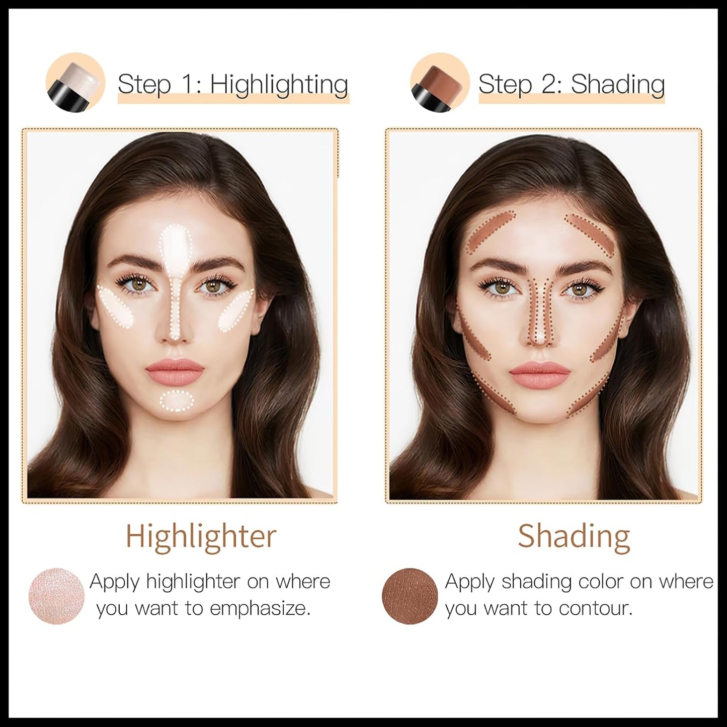 MIELIKKI 2Pcs Cream Contour Stick Makeup, Highlighter Stick and Bronzer Stick for Face Sculpting, Easy to Apply & Blend, Long Lasting, Waterproof, Matte Finish,0308