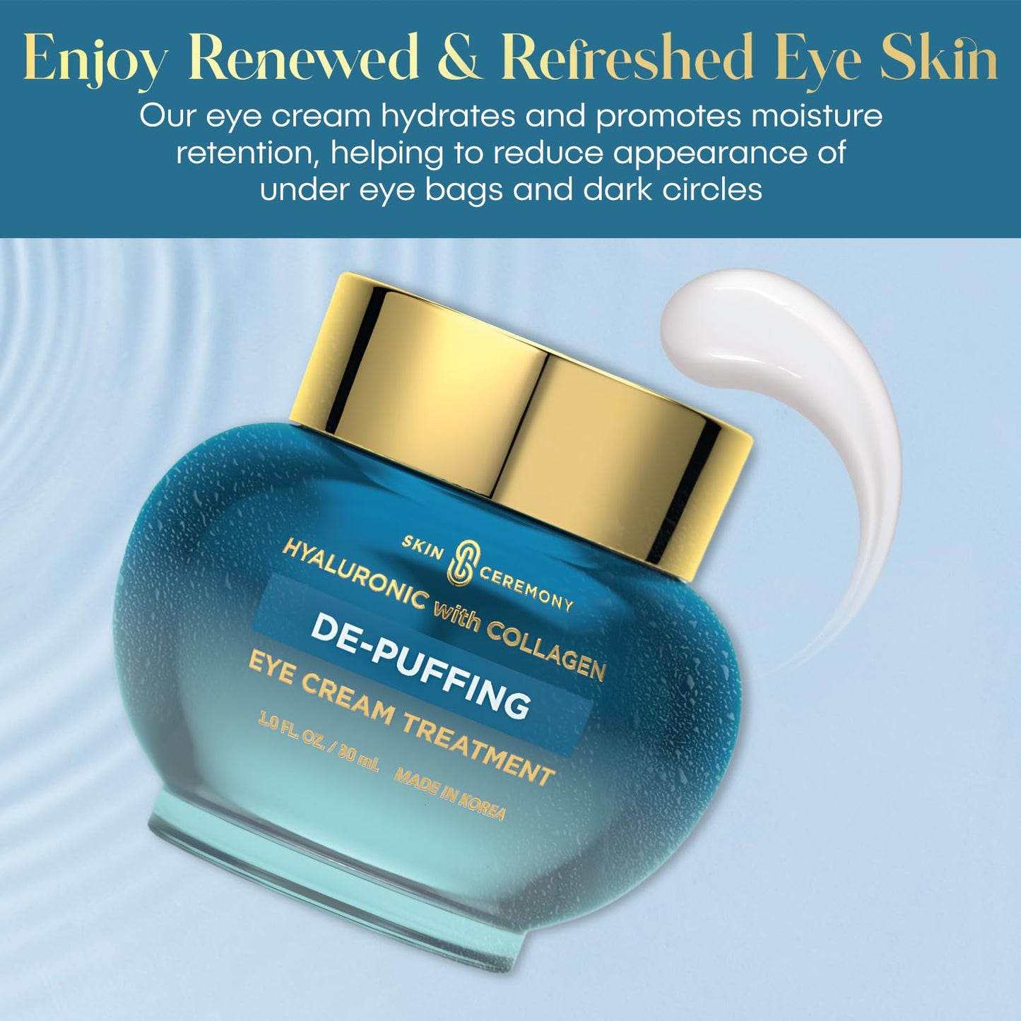 Hyaluronic Acid & Collagen De-Puffing Eye Cream - Hydrates and Promotes Moisture Retention - Helps reduce Under Eye Bags & Dark Circles - Skin Care Made in Korea - 1.0 FL.OZ.