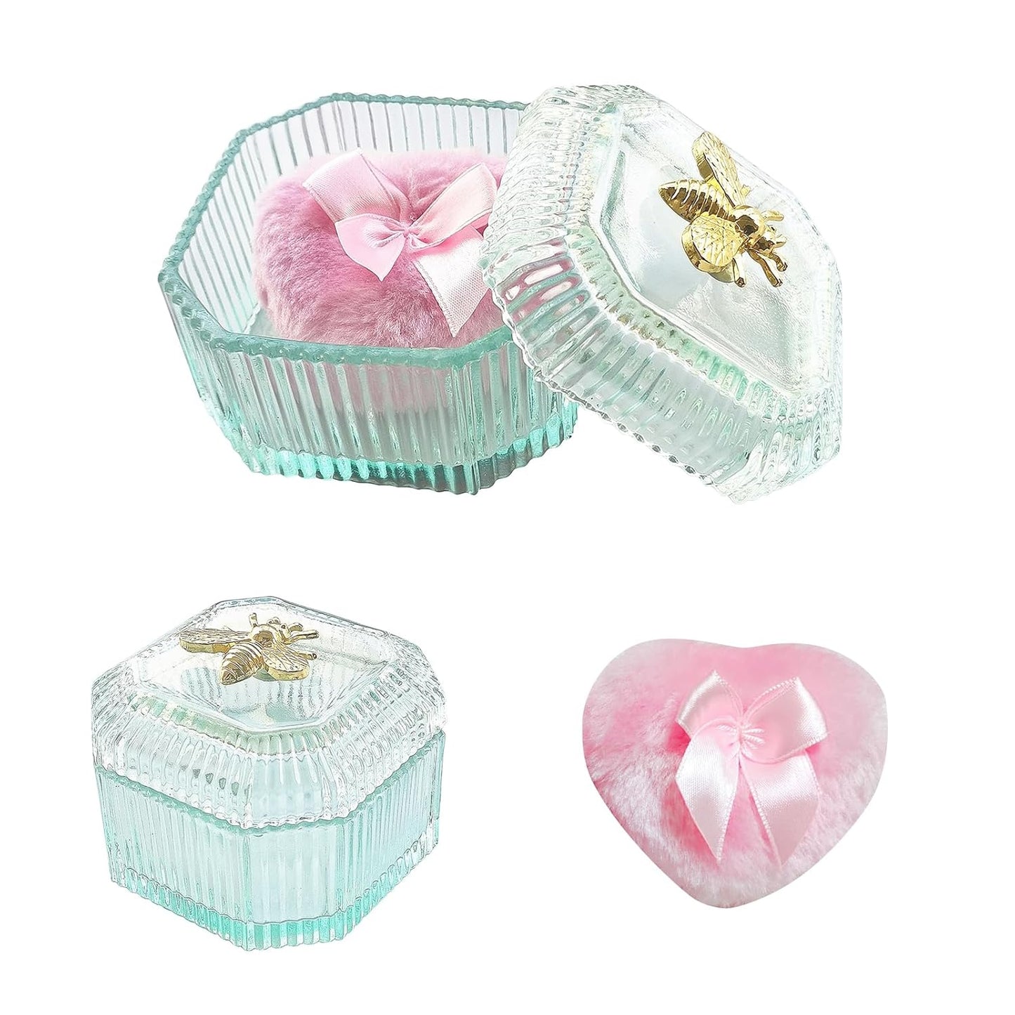 Body Powder Puff and Container - Glass Dusting Powder Container with Soft Puffs Vintage Powder Puff Case for Women & Girls (3.15x3.15x2.56 H IN) - GRB015-Light Green