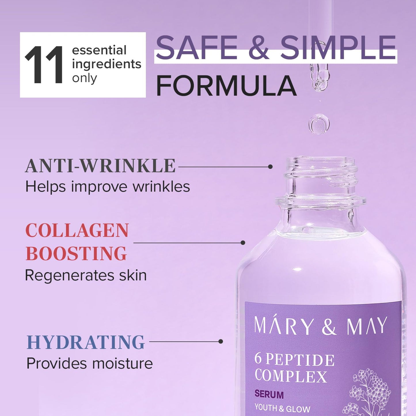 Mary&May 6 Peptide Complex Serum - Korean Anti-Aging Face Treatment for Wrinkle Reduction, Skin Firmness & Hydration, EWG Verified, Fragrance Free, 2.71 fl.oz.