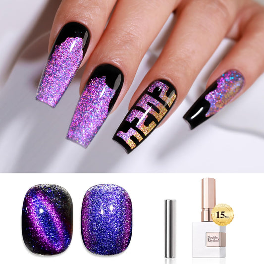 Double Rhythm Cat Eye Gel Polish with Magnet 15ML Holographic Glitter Shimmer Translucent Sheer Color Jelly Glass Magnetic Gel Polish Salon DIY at Home (Purple Blue-MC1074)