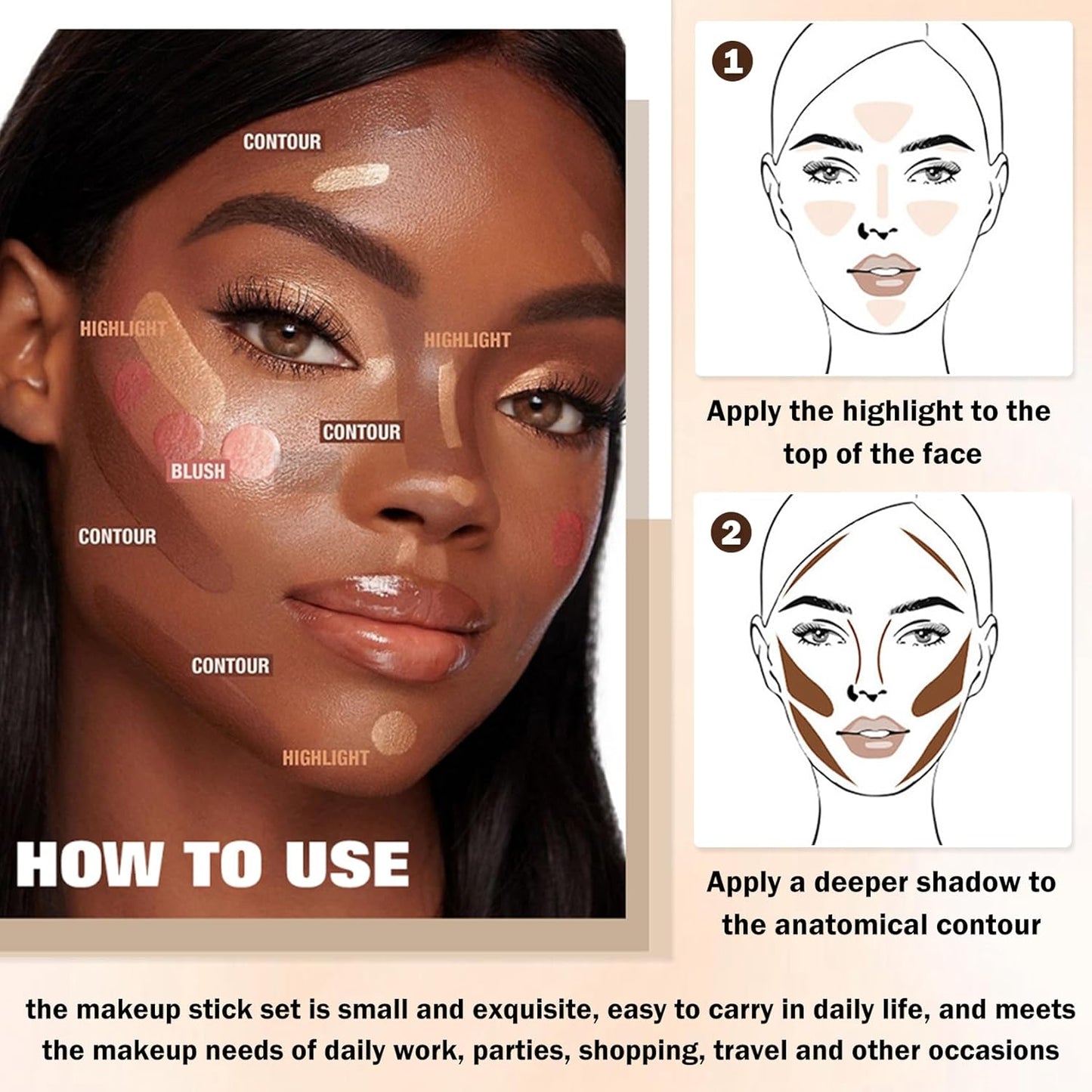 CAHIUYOA 6 Colors Cream Contour Stick Makeup Kit,Highlighter Makeup Stick,Bronzer Contour Stick and Blush Stick for Cheeks,Long Lasting Waterproof Face Highlighter Makeup Contour Kit (Set A)