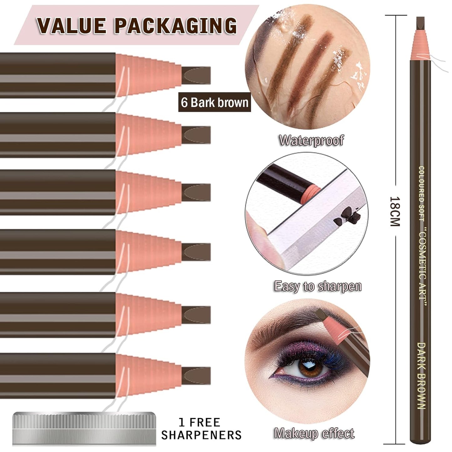 6 Piece Dark Brown Waterproof Eyebrows Pencil Tattoo Makeup And Microblading Supplies Kit-Permanent Eye Brow Liners In 5 Colors Waterproof Eyebrow Pencils Peel - Brow Pencil Set For Marking