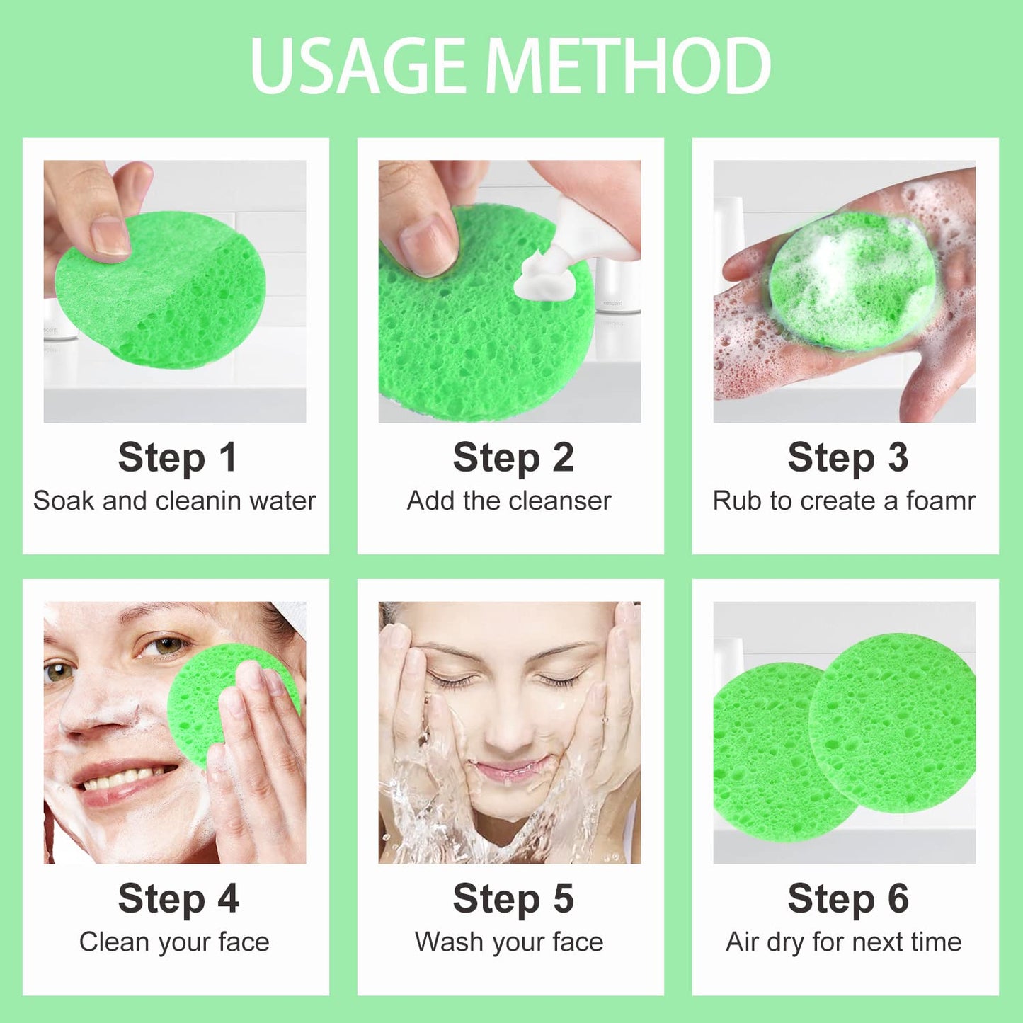 50-Count Facial Sponges Compressed Natural Cellulose Sponge Round Shape Face Sponge for Face Cleansing Exfoliating and Makeup Removal, Green