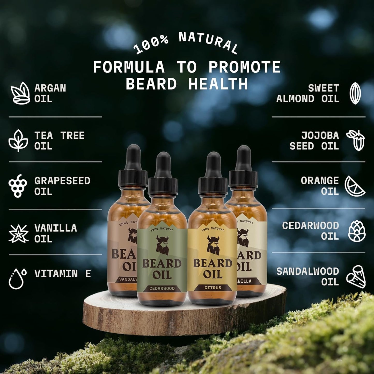 Striking Viking Beard Oil for Men - 0.66 Fl Oz, 4 Pack of Vanilla, Sandalwood, Cedarwood, Citrus - Naturally Derived Conditioner with Almond, Tea Tree, Argan & Jojoba Oil for Beard Growth & Softening