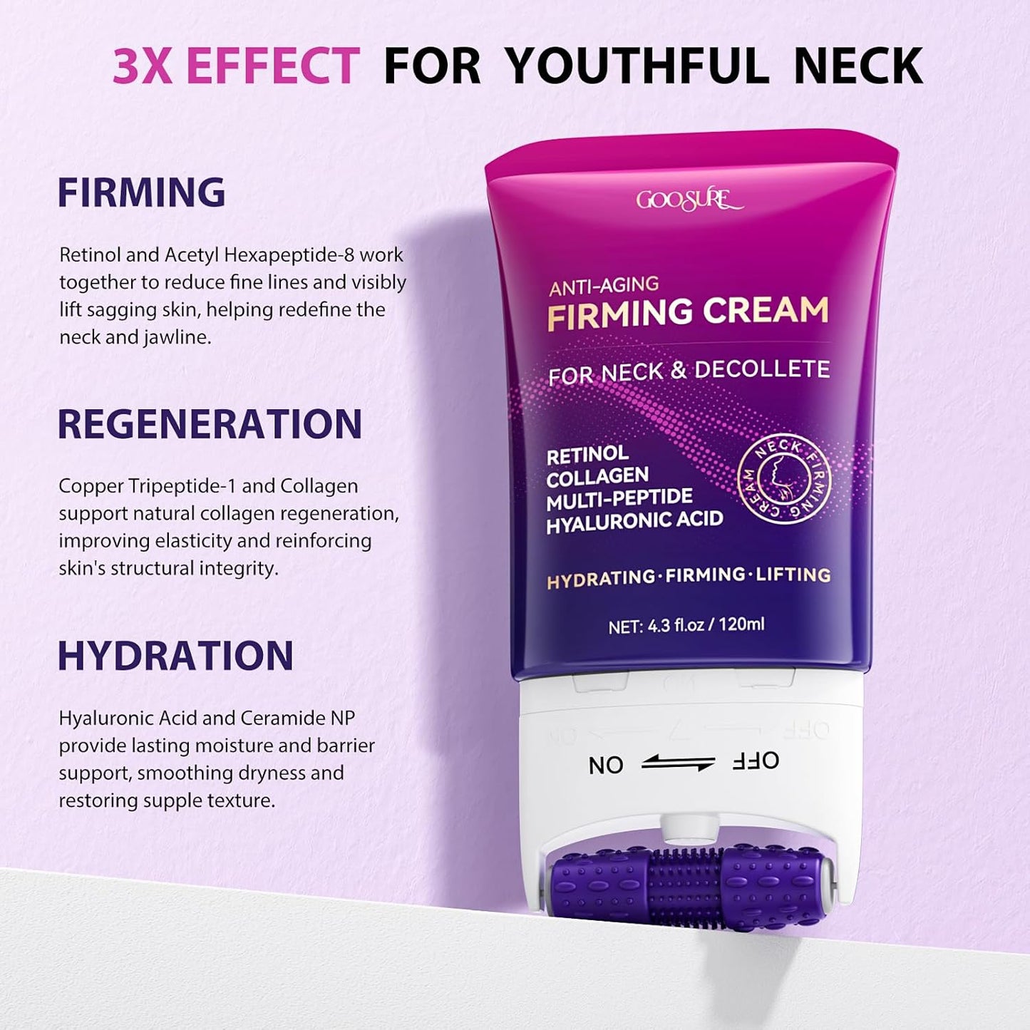Firming Neck & Décolleté Cream with Retinol, AH-8 Hexapeptide, Collagen & Squalane – Instant Face Lift Cream for Wrinkles, Tightening & Crepey Skin – Neck Firming cream with Massage Roller – 4.3 fl oz