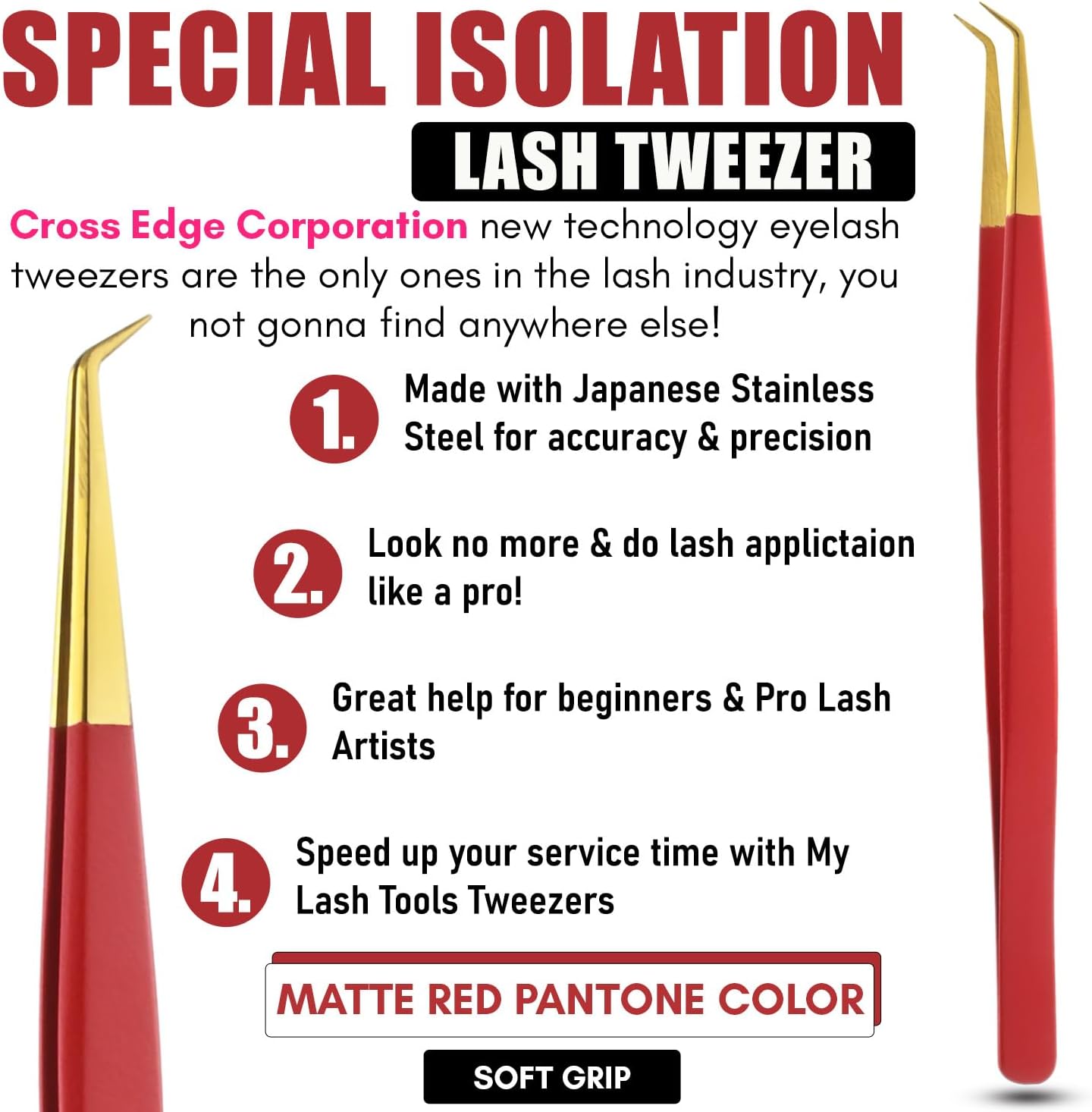 Isolation Tweezers for Eyelash Extension – 14cm Curved, Matte Red with Gold Tip, Stainless Steel, Best for Individual Isolation & Classic Lashes, Pinzas para Pestaña (Matte Red Gold Tip)