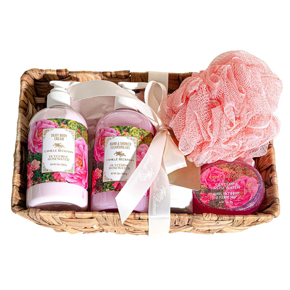 Camille Beckman Essentials Gift Basket, Glycerine Rosewater, Glycerine Hand Therapy 6 oz, Silky Body Cream 13 oz, Hand and Shower Cleansing Gel 13 oz, Glycerine Soap 3.5 oz