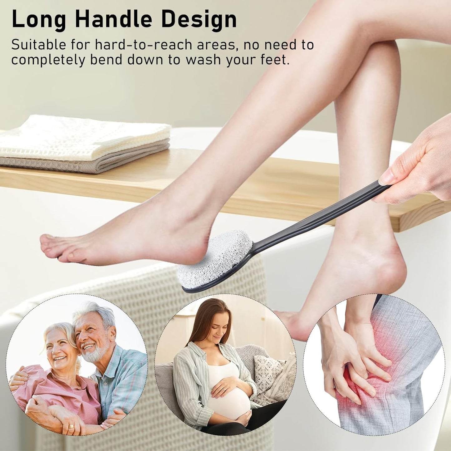 Pumice Stone for Feet with Long Handle 13.7", Hard Skin Callus Remover, Scrubber and Exfoliator for Dead Dry Skin, Softer & Smoother Feet, Pedicure Tool (Curved) Black