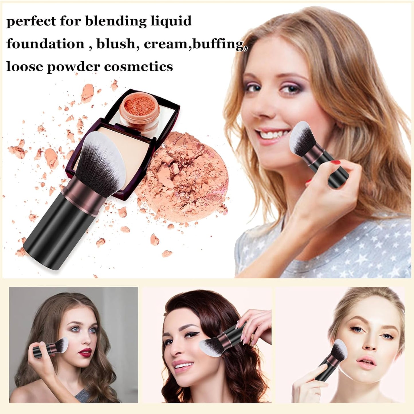 Retractable Kabuki Makeup Brush,Face Blush Brushes Powder Foundation Makeup Brush for Blending Liquid, Blush, Bronzer, Buffing, Sunscreen,Flawless Cosmetics