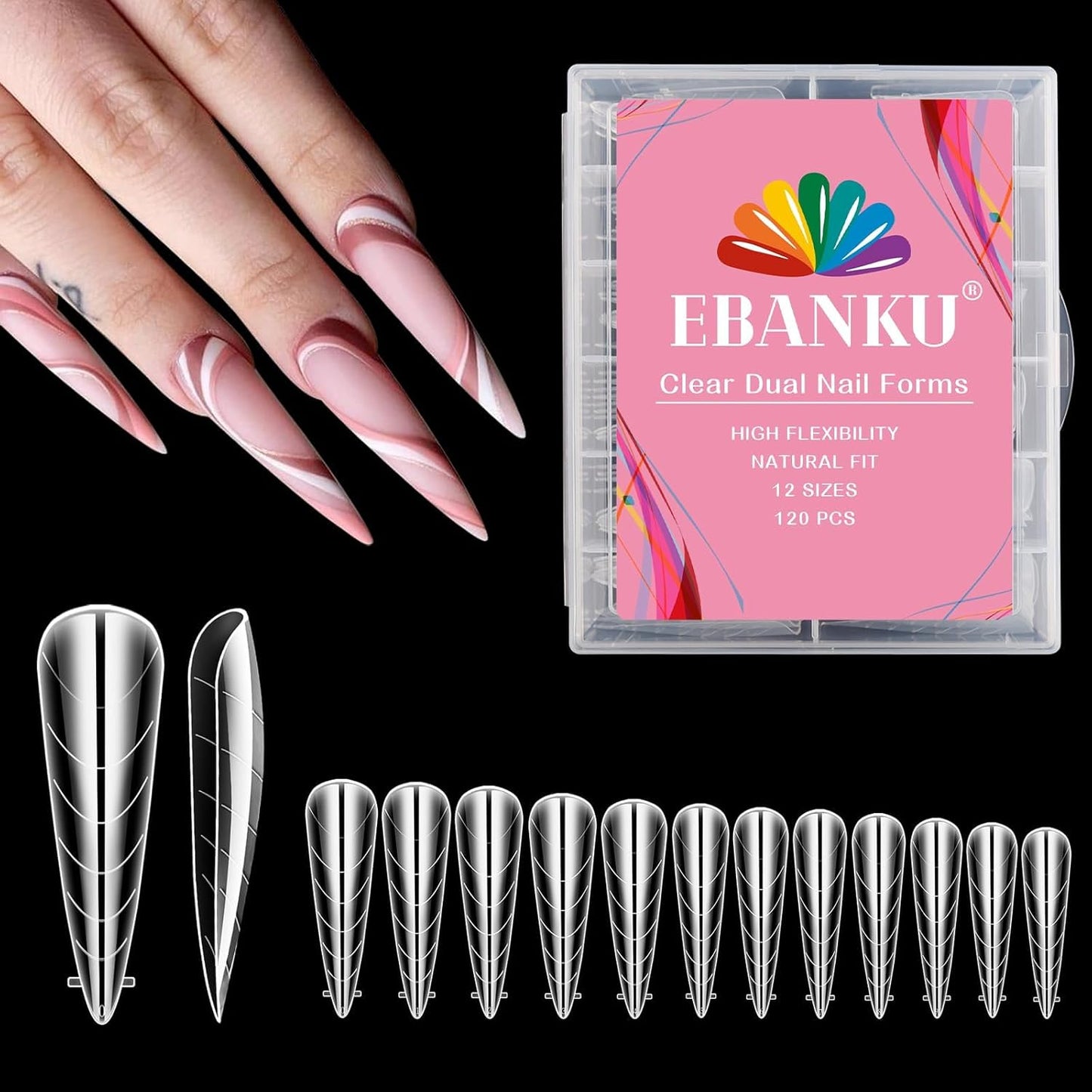 EBANKU 120Pcs Poly Gel Nail Forms, Long Stiletto Clear Dual Forms for Poly Extension Gel Structure Nail Tips Molds for Nail Art Design Salon&DIY