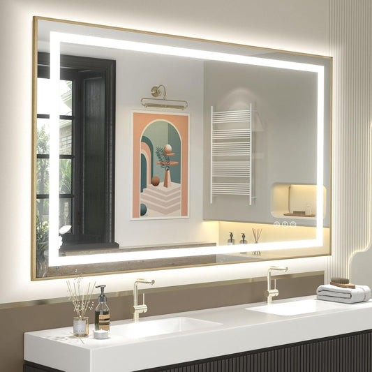 OKPAL Gold LED Bathroom Mirror with Lights, 50x36 Frontlit & Backlit Lighted Bathroom Mirror, LED Vanity Framed Mirror, Anti-Fog, Dimmable, 3 Colors, Shatterproof, ETL Listed
