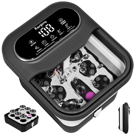 Collapsible Foot Spa Electric Rotary Massage, Foot Bath with Heat, Bubble,Temp Control, and 24 Motorized Shiatsu Massage Balls, Pedicure Foot Spa Tub for Stress Relief (Black)