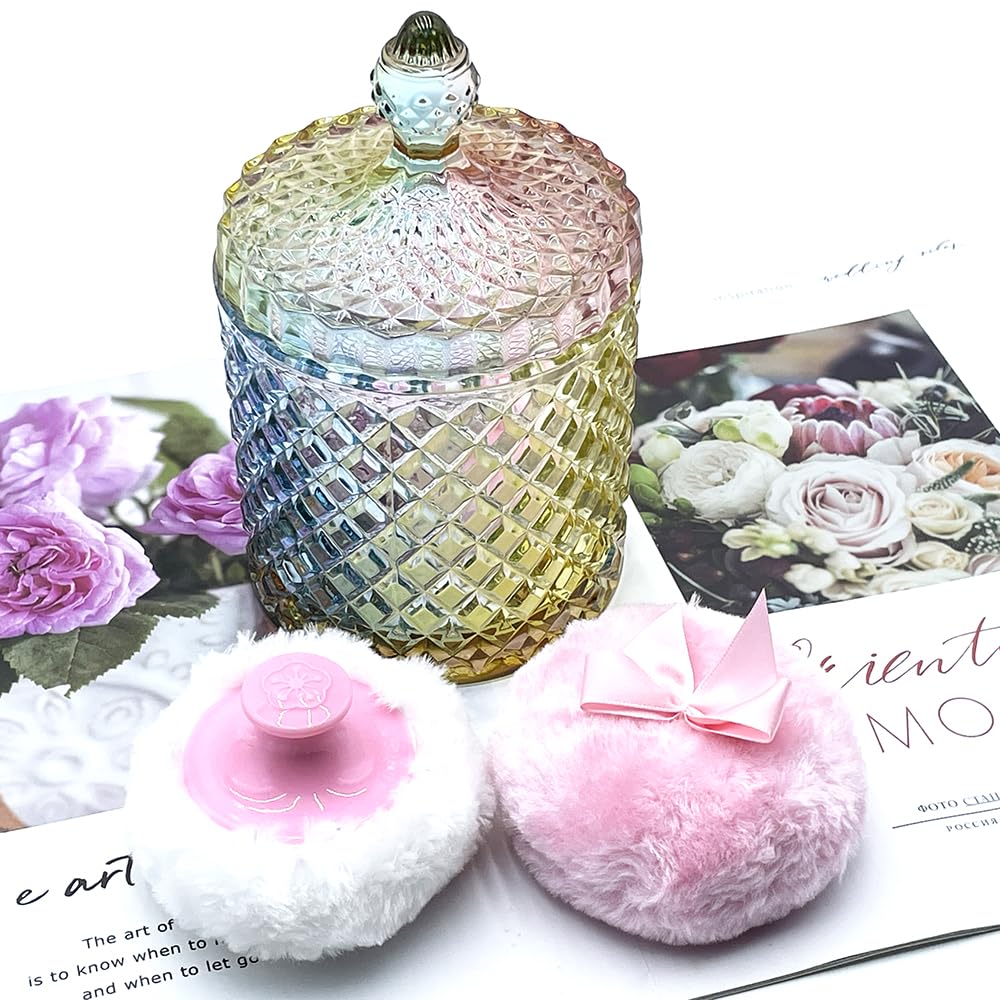 Luxury 4.2 Inch Glass Powder Container with 2 Plush Puffs｜Non-Sealed Refillable Organizer for Body Powder&Makeup｜Setting Powder Applicator w/Loose Powder Storage(Pointed Cylinder-Colorful-Large)