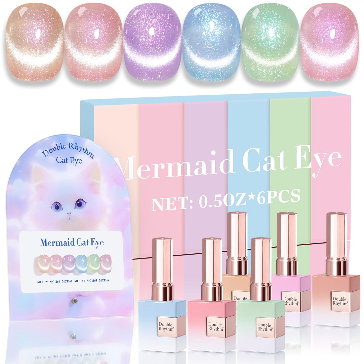 Double Rhythm Cat Eye Gel Nail Polish Set of 6 Same Color Same Bottle 0.5 Oz Shimmer Glitter with Magnet Holographic Reflective Magnetic UV Nail Polish Kit at Home (Nude Pink Green Purple-T6-29)