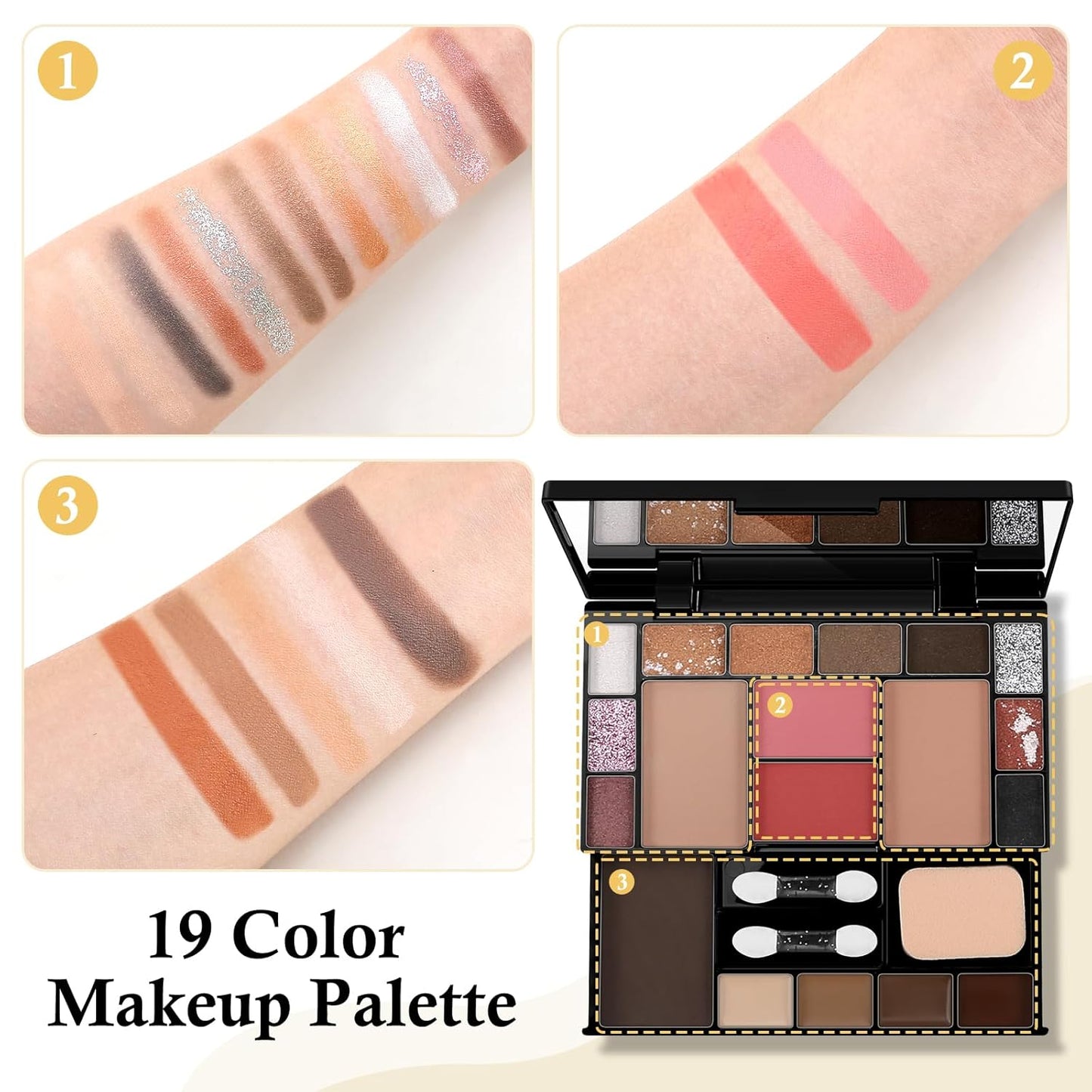 Makeup Palette Set, Makeup Kit for Women, 19 Color Makeup Set Include Matte Glitter Eyeshadow, Contour, Highlighter, Concealer, Eyebrow Powder, Blush, Mirror, Makeup Brush, Sponge