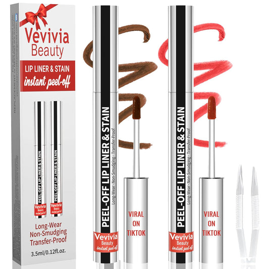 2pcs Lip Stain Peel Off - Lip Liner Stain Long Lasting Waterproof,2-in-1 Lip Liner with Tweezer Nude Matte,Non-Stick Cup,Highly Pigmented，Natural Finish,Stay On All Day,Perfect for Gift (Cocoa+Coffee)