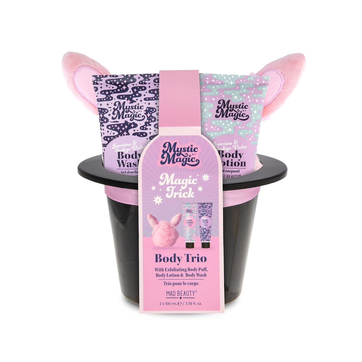 MAD BEAUTY Mystic Magic Rabbit in the Hat Body Trio, 3-in-1 Bath Kit: Exfoliating Loofah, Body Lotion, & Body Wash, Gorgeous Jasmine & Indigo Violet, Relax & Unwind, Great Self-Care Gift Set