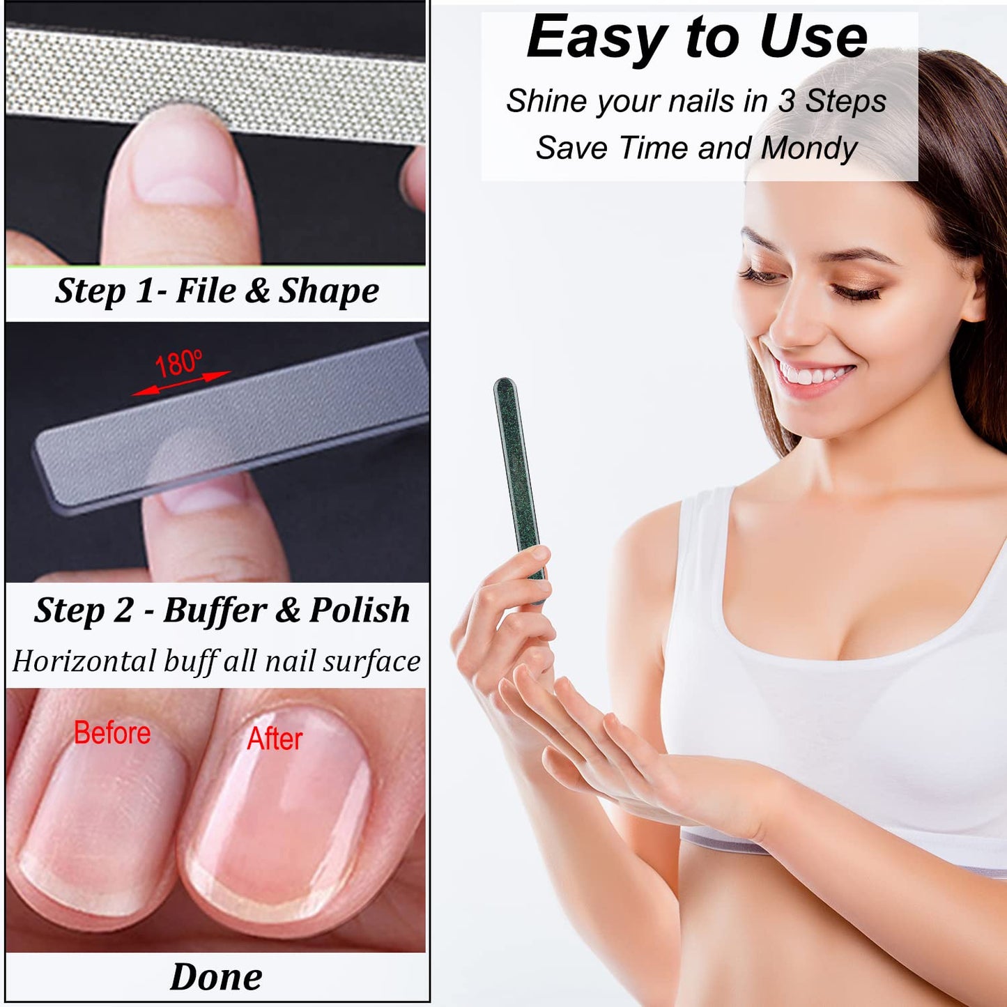 Long Lasting Nail File and Buffer Set, 1 Diamond Metal Nail File with 1 Nano Glass Nail Buffer, Professional Manicure Tools Kit for Home and Salon Use