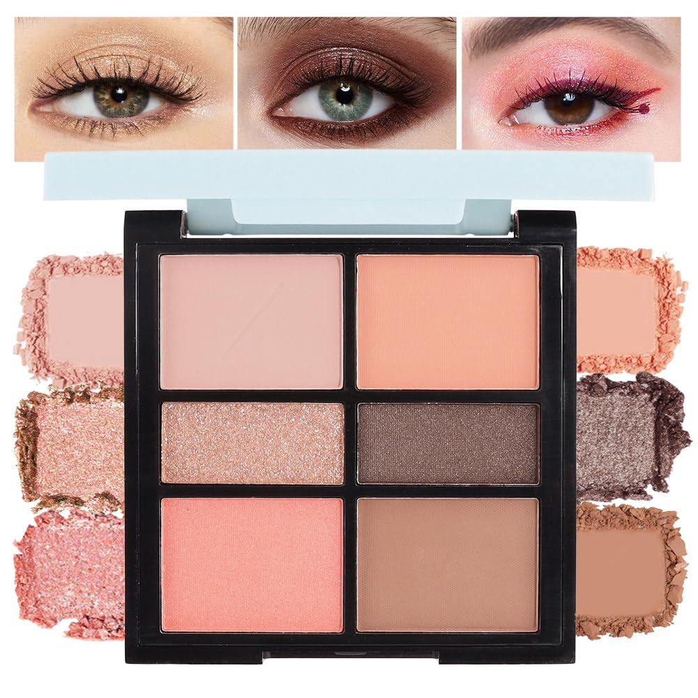 6-Color Eyeshadow Palette Makeup,Velvety Matte & Shimmer Eyeshadow Blend,Warm Peach & Rose Gold Tones Eye Makeup, Long-Lasting Naturing-Looking,Built-In Mirror#02