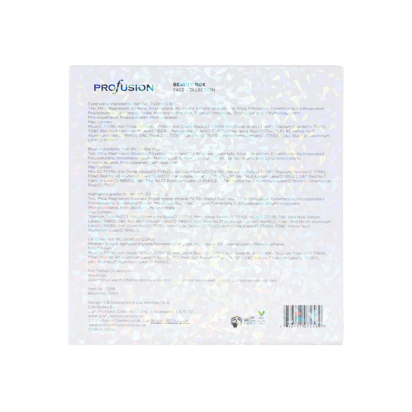 Profusion Cosmetics White Crystals Beauty Box with Makeup Shades, Lip Gloss, and Premium Brushes for Flawless Look, Ideal Gift for Makeup Enthusiasts