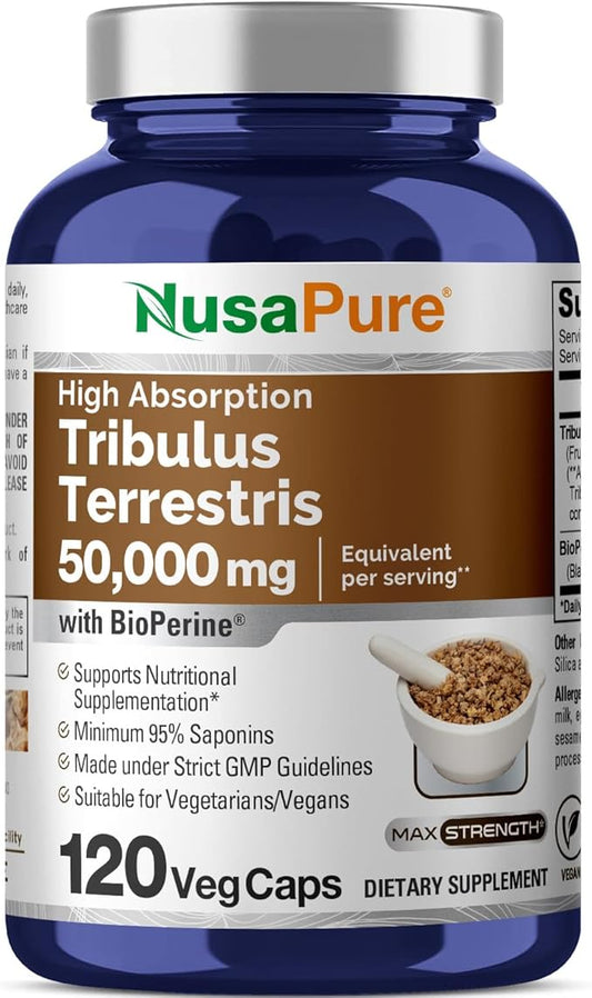 NusaPure Tribulus Terrestris 50000mg | 120 Veggie Caps | 95% Steroidal Saponins | Non-GMO, Bioperine