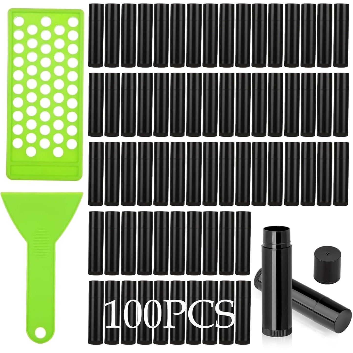 100Pack Plastic Lip Balm Tubes 5ml/5g Black Lip Balm Containers, Chapstick Tubes Empty with Filling Tray and Spatula, Rotating Type Refill Lip with Cap for DIY