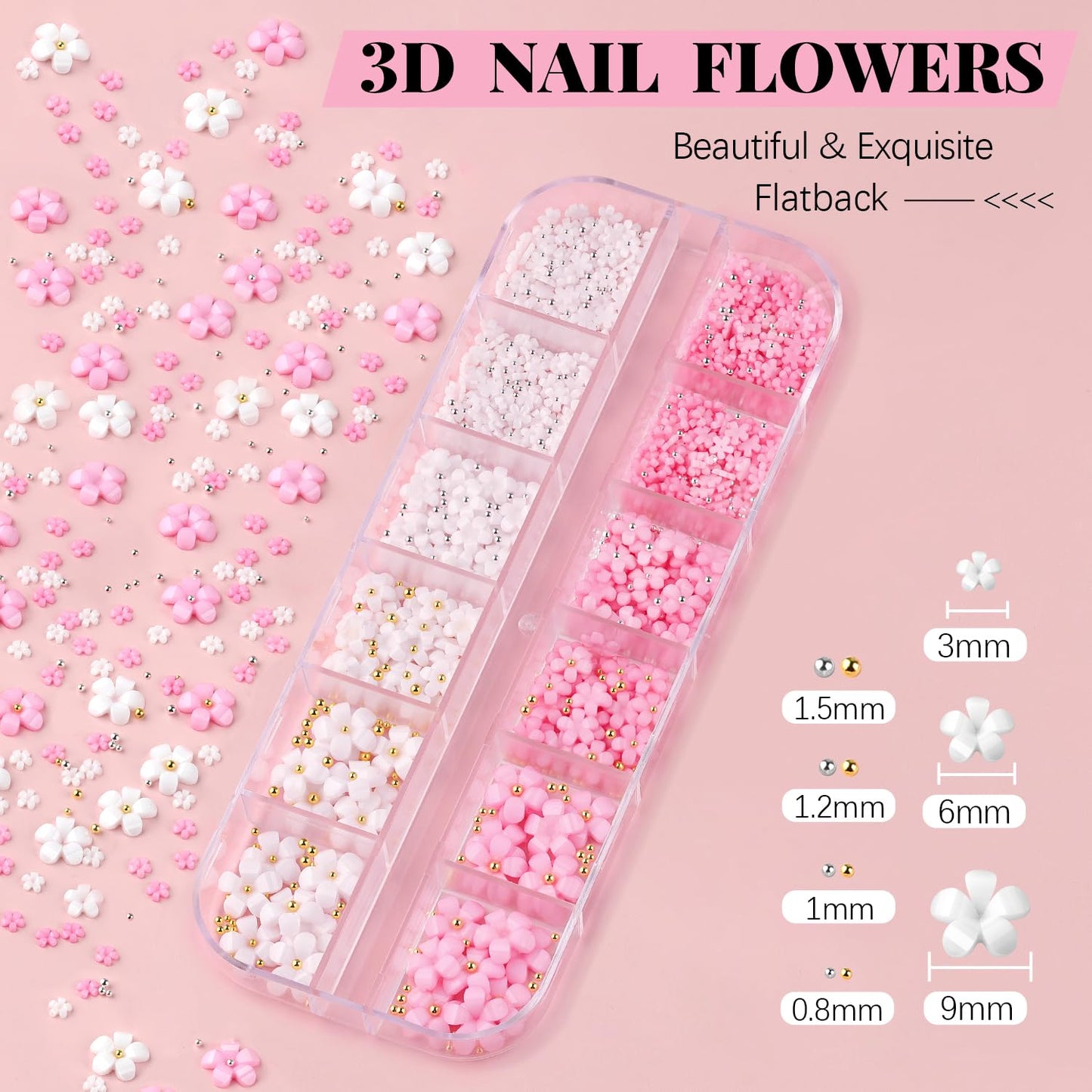 3D Nail Charms, Butterfly White Pink Flower Starry AB Gemstones Caviar Beads Half Round Pearl, Flat Back Glass Crystal AB + Transparent Clear Round Rhinestones for Nails with Pickup & Dotting Tools