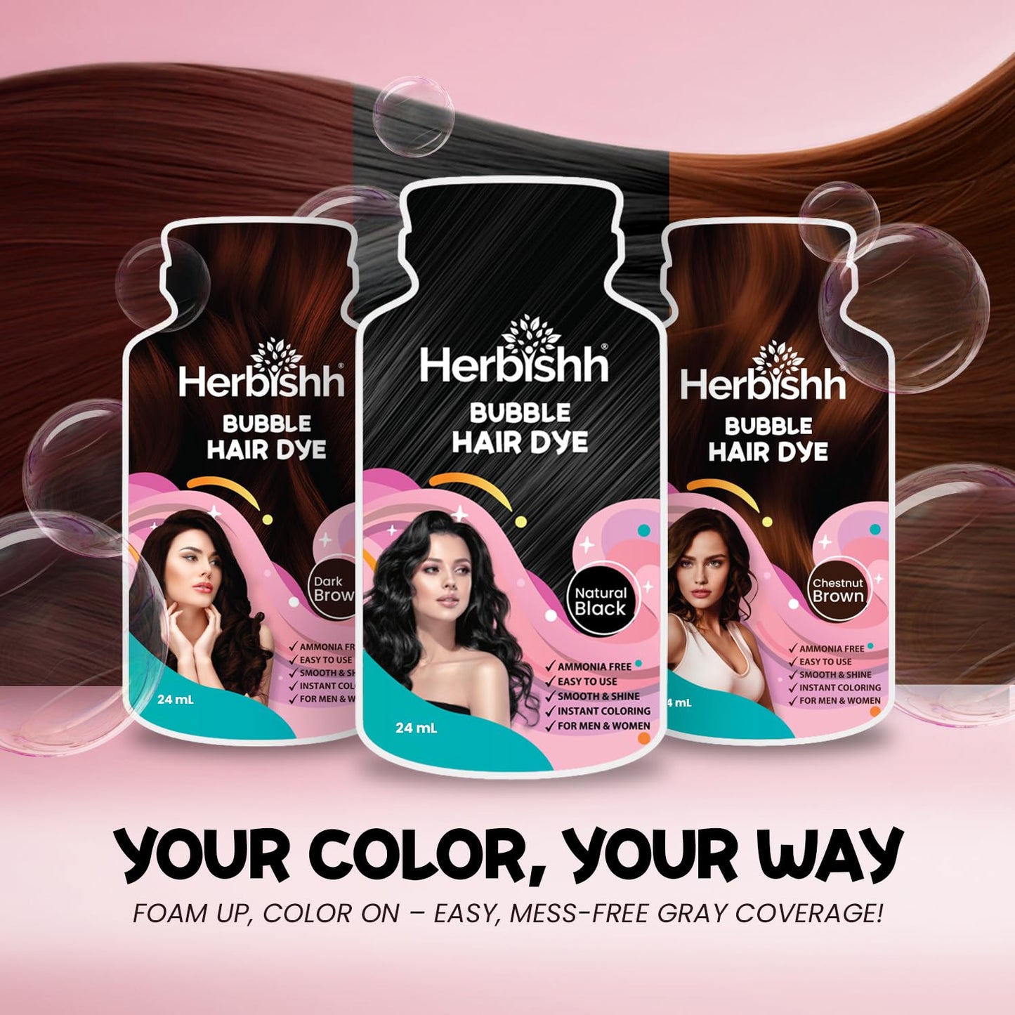 Herbishh Bubble Foam Hair Dye Shampoo, 3 in 1 Dye for 100% Grey Coverage, Permanent & Instant Hair Coloring for Men & Women, Long-lasting & Travel-friendly, Ammonia-free, 10 Sachet x 24 ml (Black)