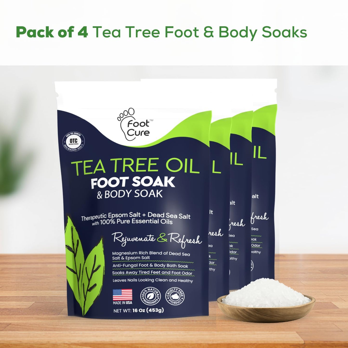 Tea Tree Oil Foot Soak with Epsom Salts- for Foot Pain, Soreness, Athletes Foot, Odors, Toe Nail Fungus, Fungal, Calluses Made in USA - 4 Pack