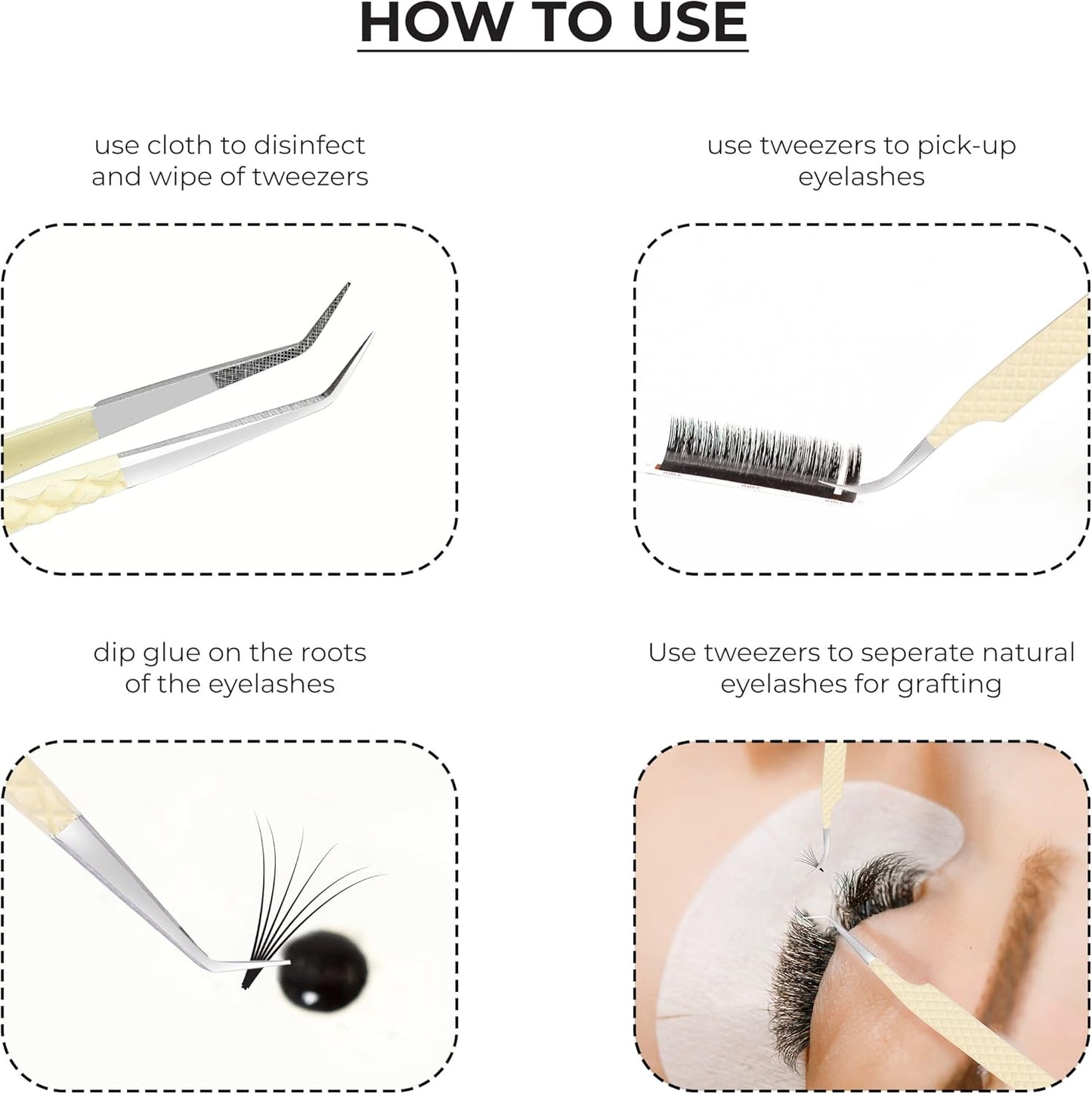 SIVOTE Fiber Tips Lash Tweezers for Eyelash Extensions, Set of 4, Curved, Dolphin, 90 Degree & 45 Degree Tweezer, Vanilla