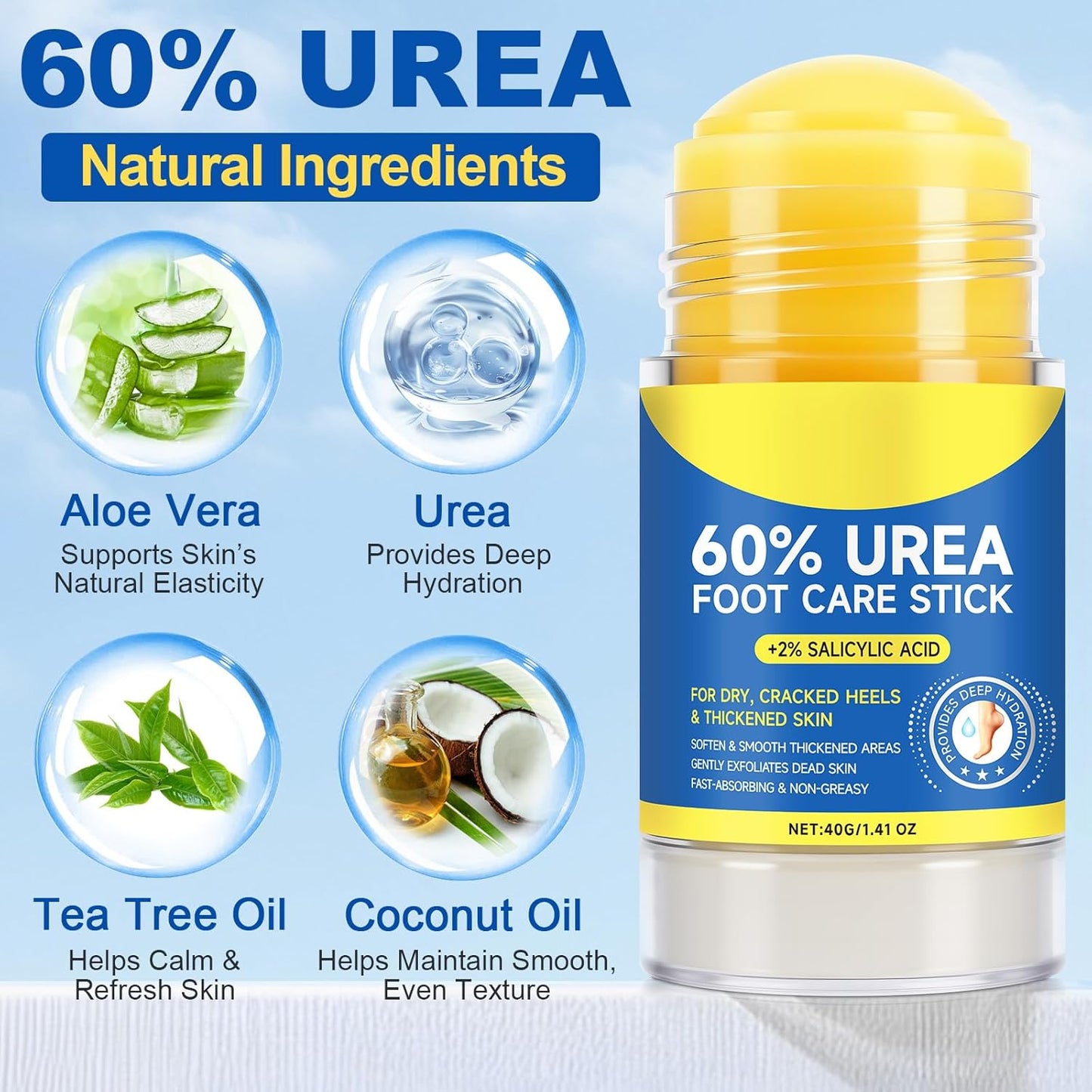 60% Urea with 2% Salicylic Acid Urea Foot Care Stick, Foot Cream Moisturizer for Dry Cracked Feet, Knees, Elbows, Hands,Moisturizes and Hydrates the Dry Skin,Callus Remover & Skin Softener -1.41oz