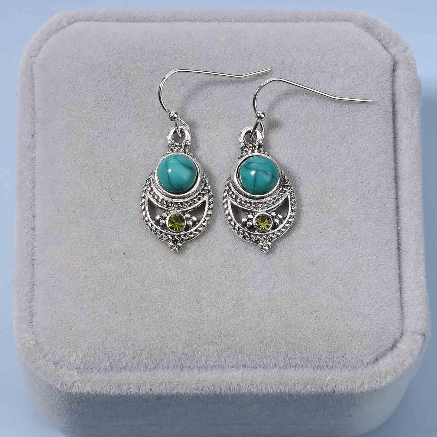 Boho Ethnic Turquoise Drop Earrings Silver Teardrop Turquoise Earrings Gemstone Hook Earrings Retro Drop Dangle Earrings Jewelry for Women and Girls