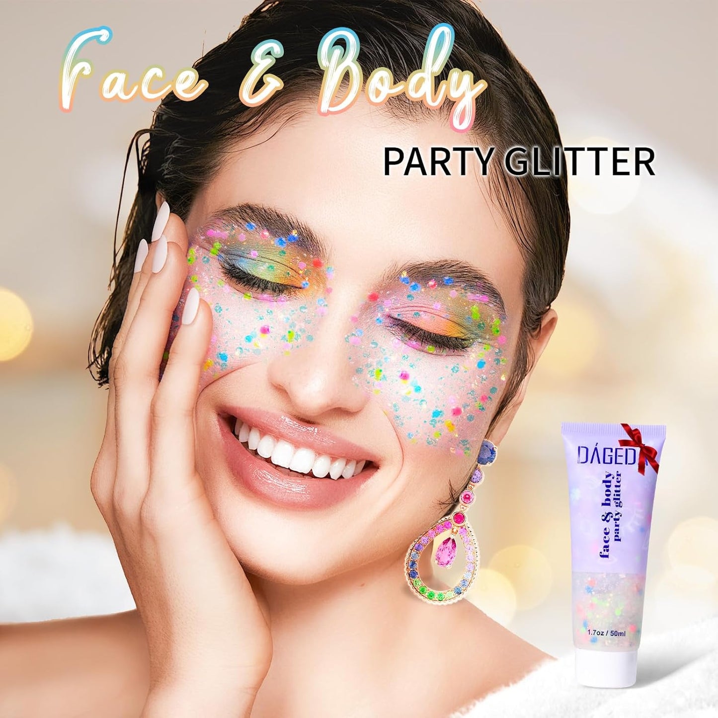 DAGEDA Rainbow Body Glitter Gel, Face Glitter for Pride Day Makeup Sequins Shimmer Eyeshadow, Chunky Glitter for Face Hair, Holographic Cosmetic Laser Powder Festival Glitter Makeup1.7oz (Candy Color)